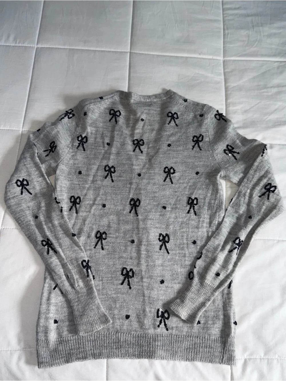 J Crew Gray V-Neck Cardigan with Black Sequin Bows- Medium